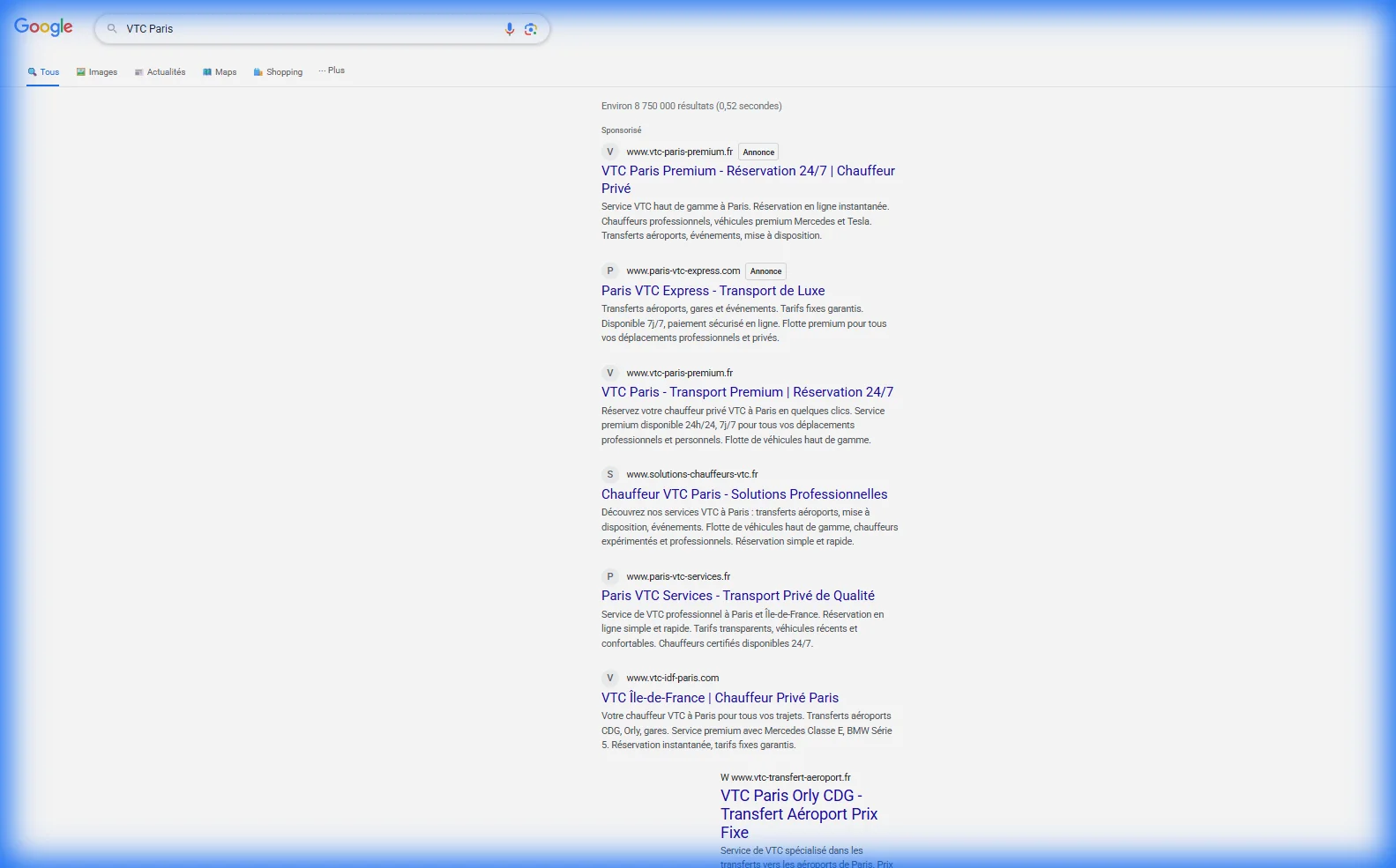 Résultats Google pour VTC Paris